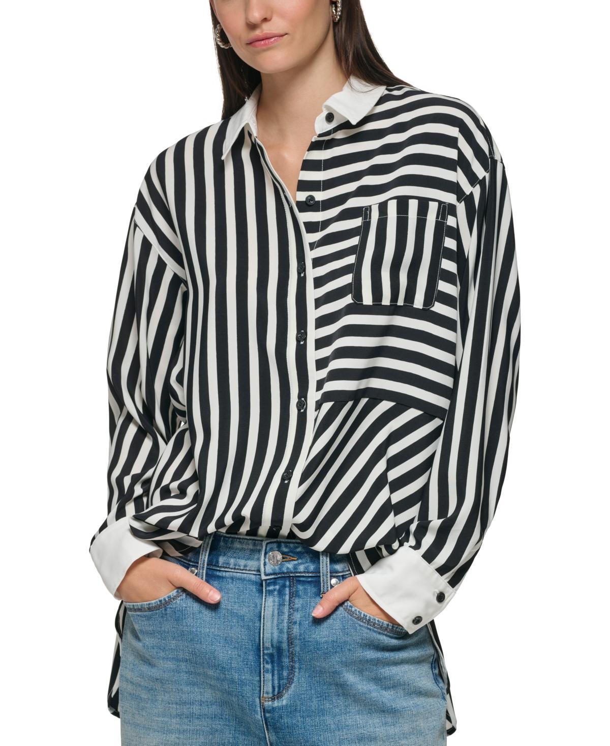 KARL LAGERFELD PARIS Collared Button Down Stripe Long Sleeve Top Product Image