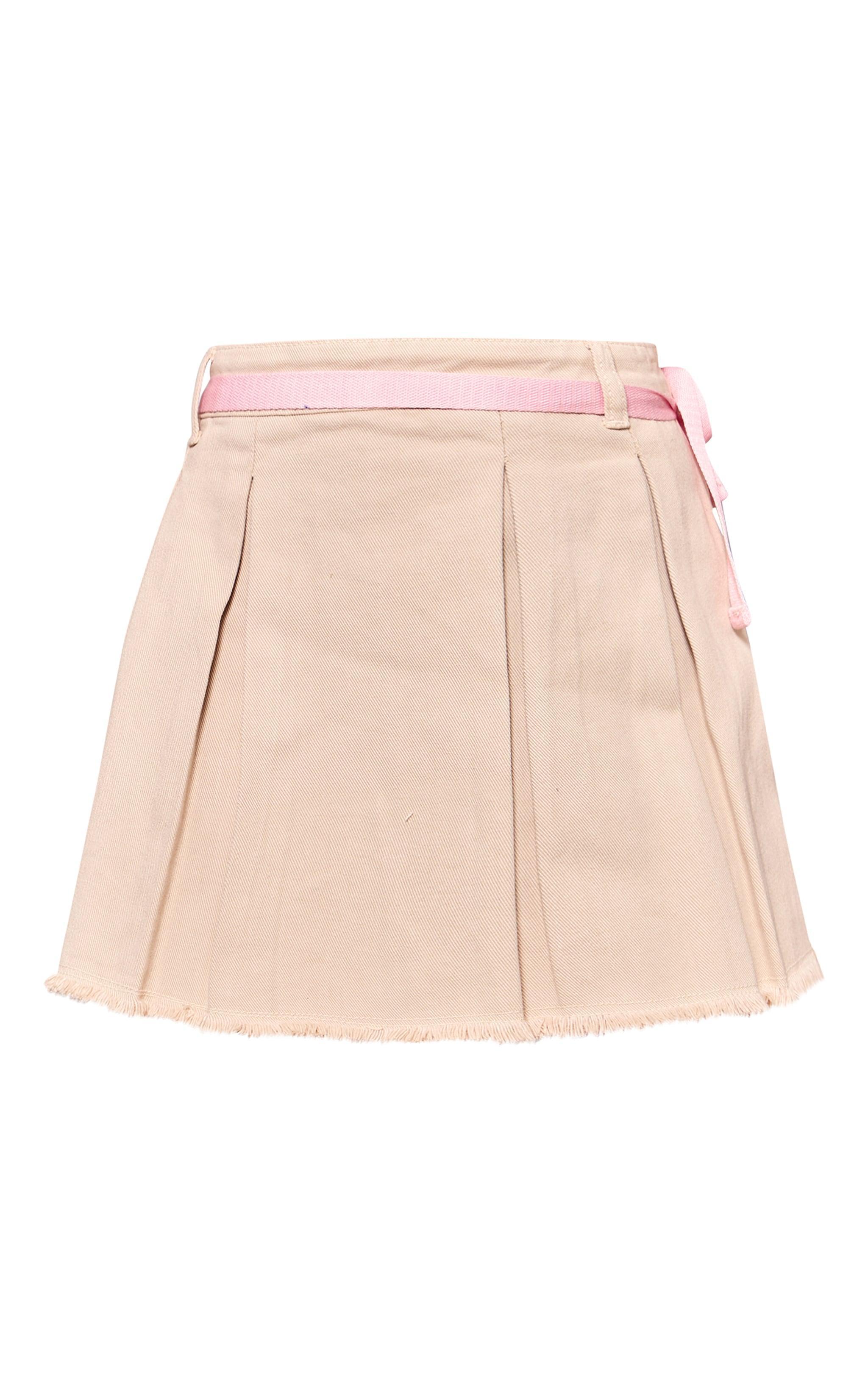 Sand Bow Tie Belt Pleated Denim Mini Skirt Product Image