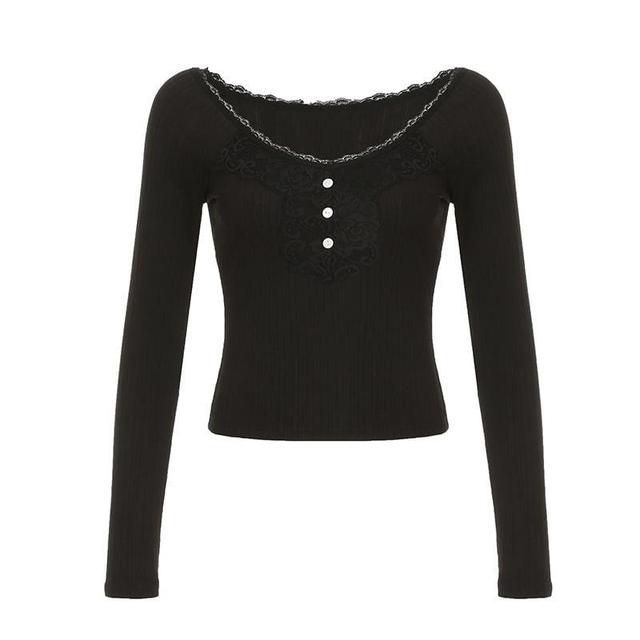 Long Sleeve Plain Lace Panel Slim-Fit Top Product Image