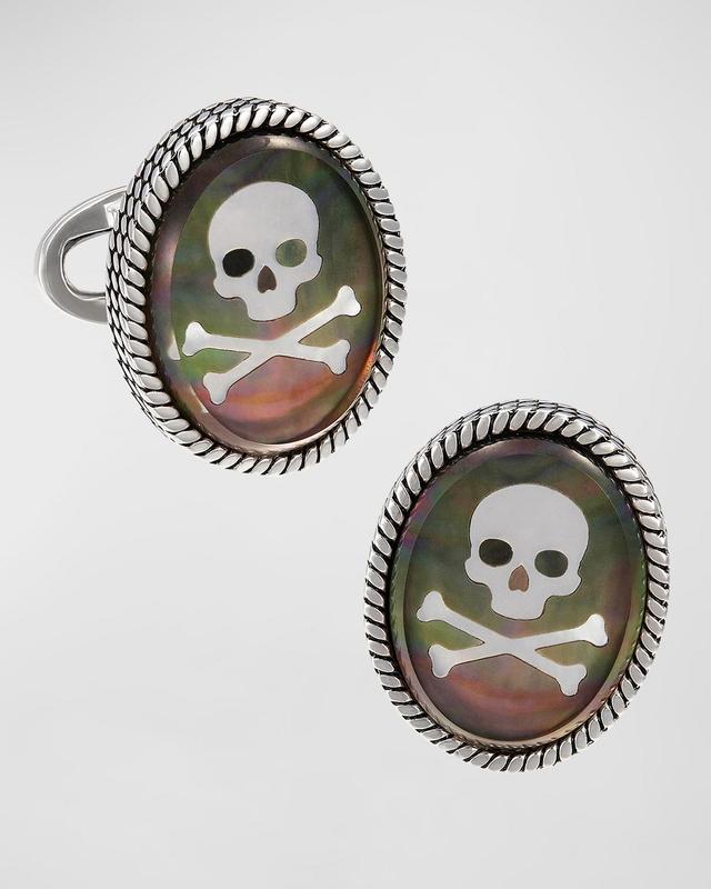 Mens Sterling Silver Mother-Of-Pearl Oval Skull Cufflinks Product Image