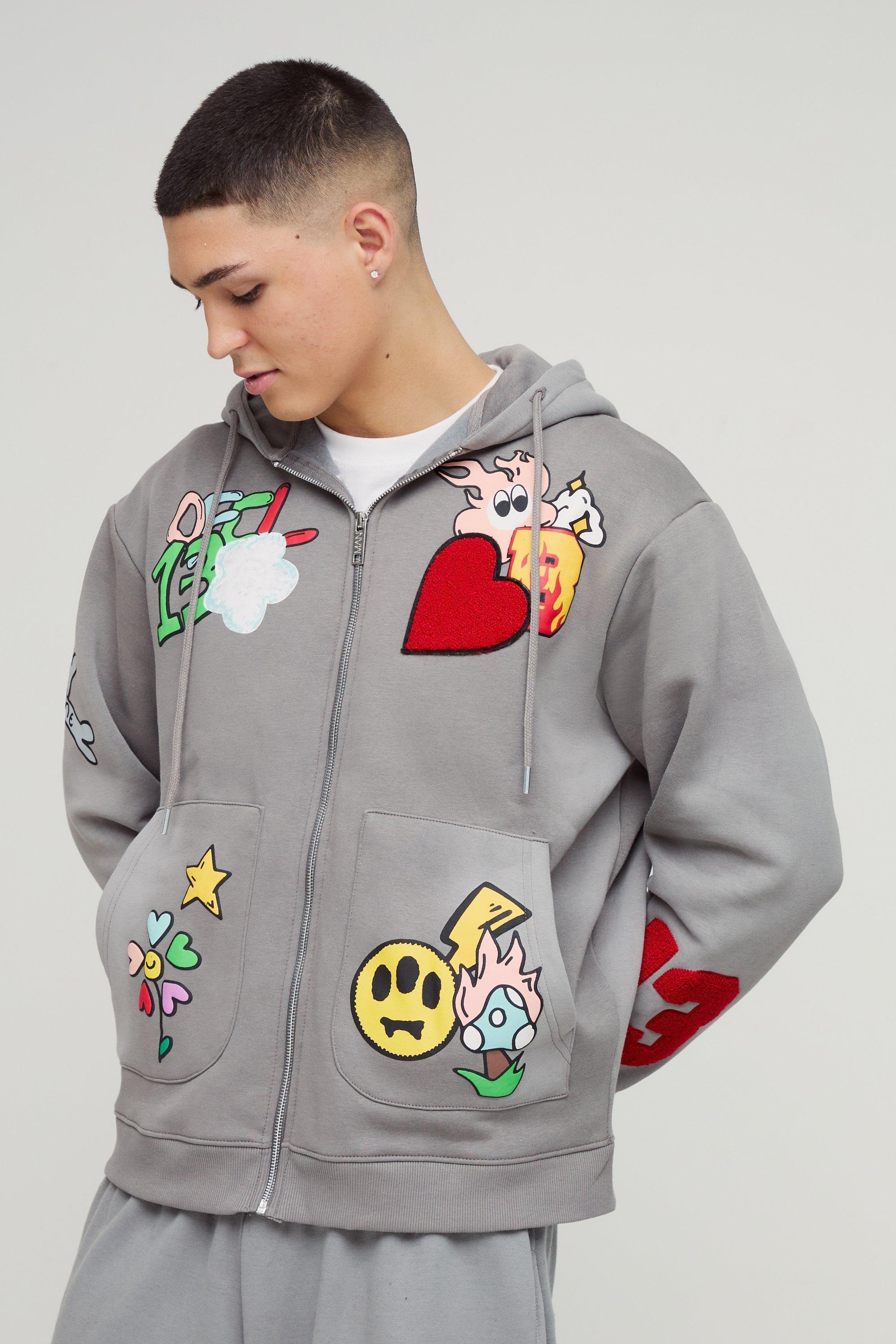 Oversized Zip Through Applique Spray Wash Hoodie | boohooMAN USA Product Image