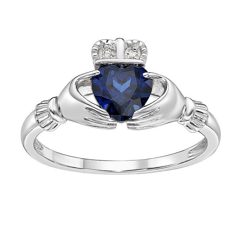 Gemminded Sterling Silver Lab-Created Sapphire & Diamond Accent Claddagh Ring, Womens Blue Product Image