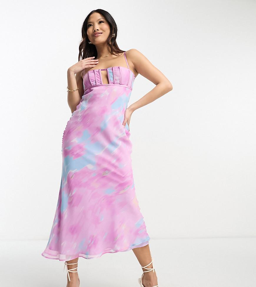 ASOS DESIGN Petite corset bust detail bias midi dress in blurred abstract print product image