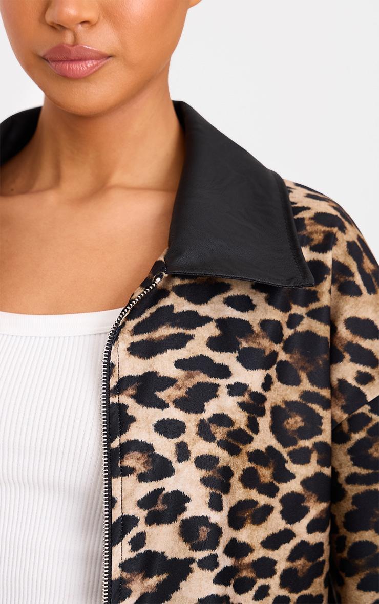 Brown Contrast Faux Leather Leopard Jacket Product Image