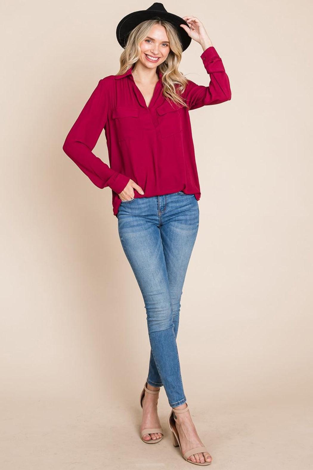 V Neck Collared Pocket Detail Blouse Shirts Female Product Image