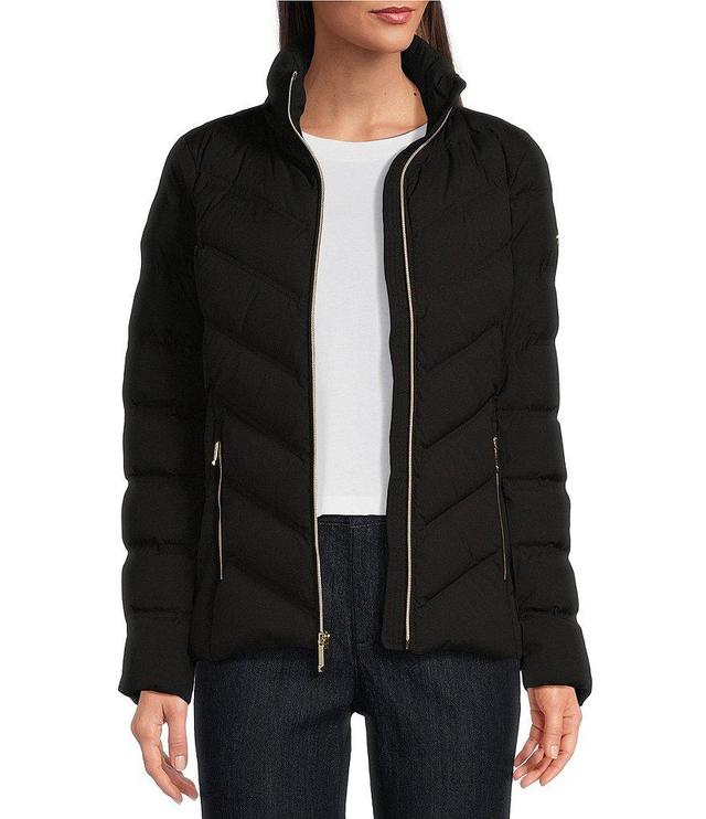 MICHAEL Michael Kors Chevron Pattern Stand Collar Removable Hooded Zip Front Packable Puffer Jacket Product Image