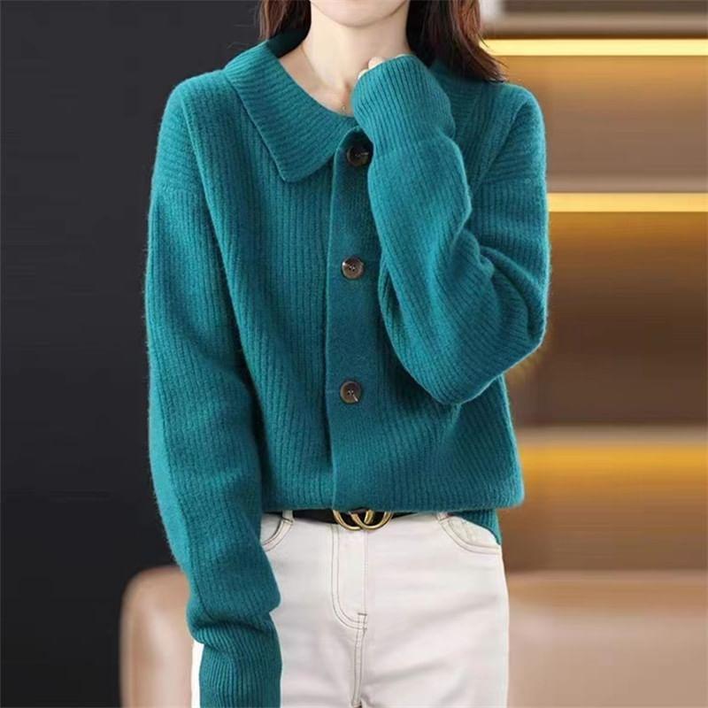 Lapel Collared Plain Button Up Cardigan Product Image