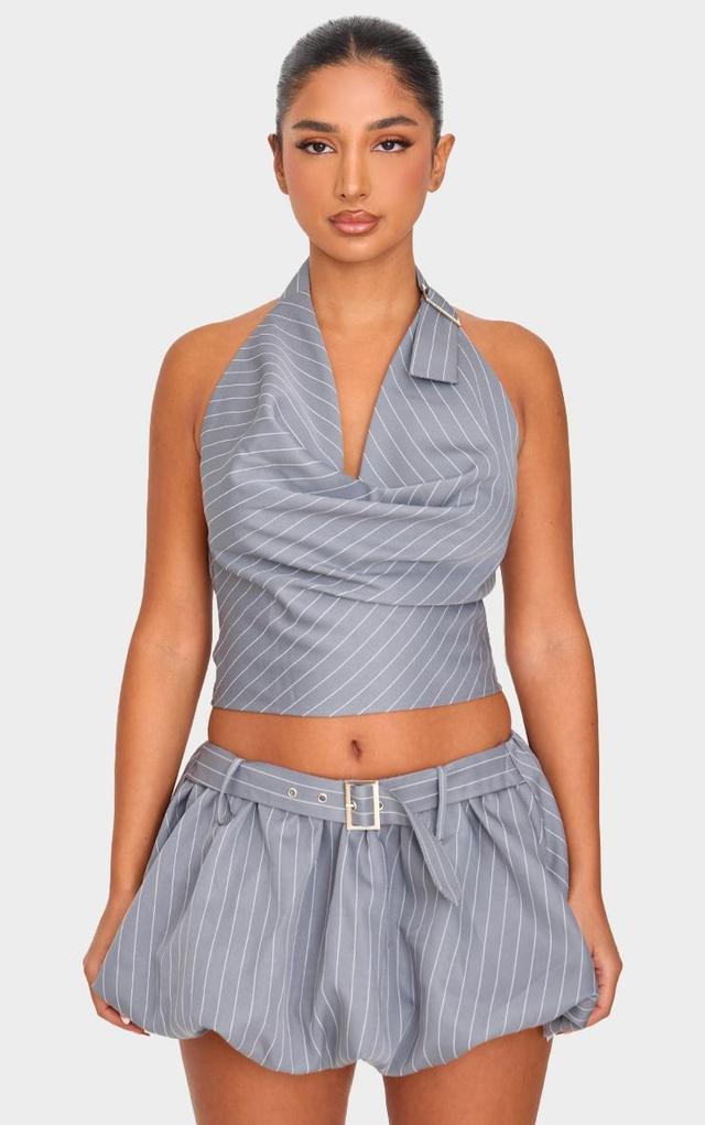 Petite Grey Pinstripe Buckle Detail Cowl Neck Top Product Image