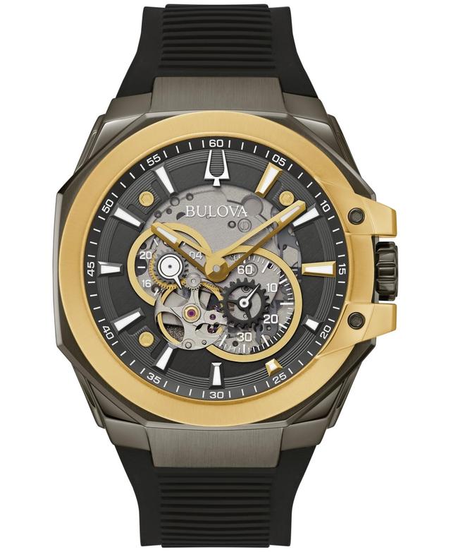 Men's Bulova Maquina Marc Anthony Gold-Tone IP Chronograph Silicone Strap Watch with Grey Skeleton Dial (Model: 98A310) Product Image