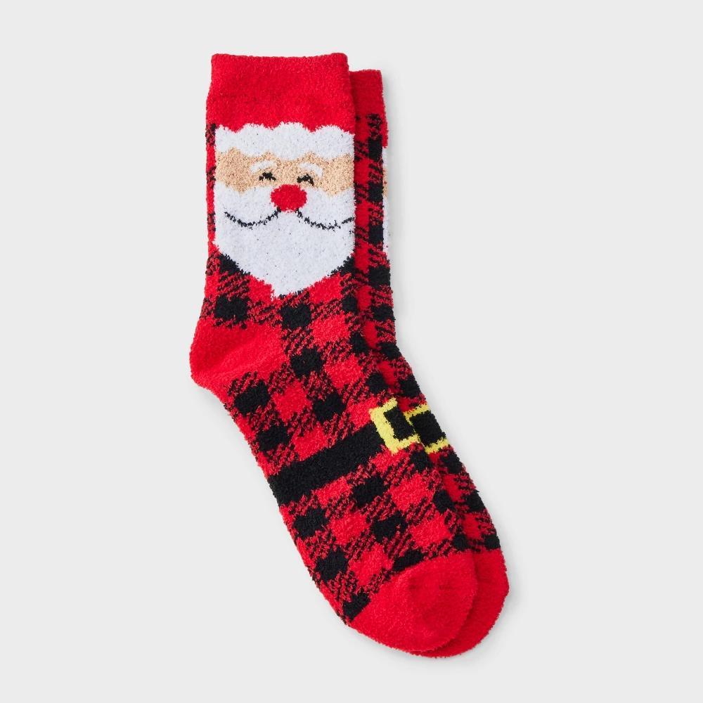 Womens Buffalo Plaid Santa Christmas Cozy Crew Socks - Wondershop Red 4-10 Product Image