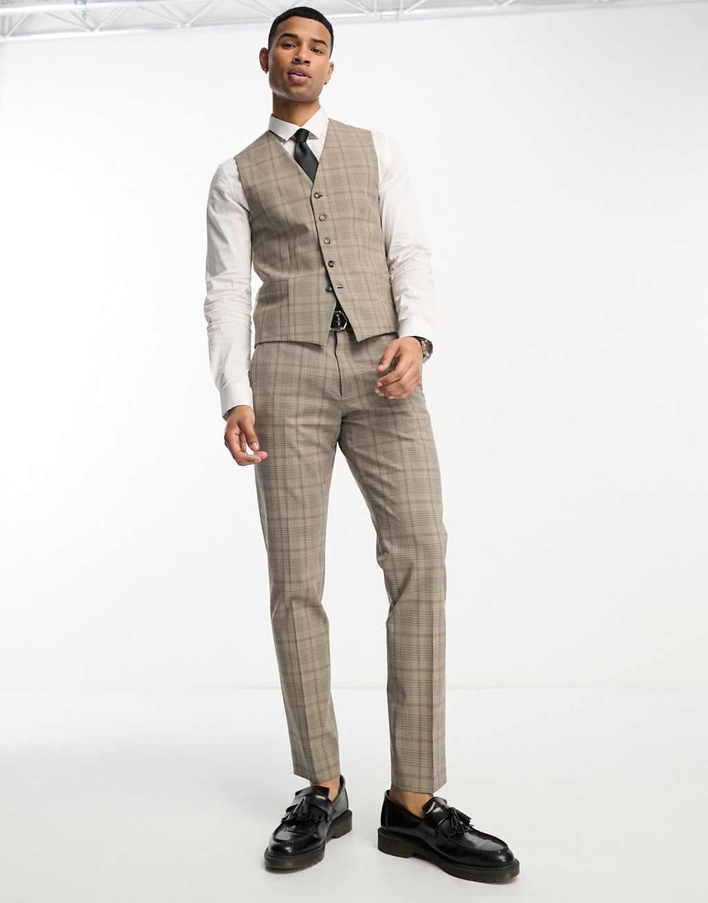 Selected Homme slim fit vest in beige check Product Image