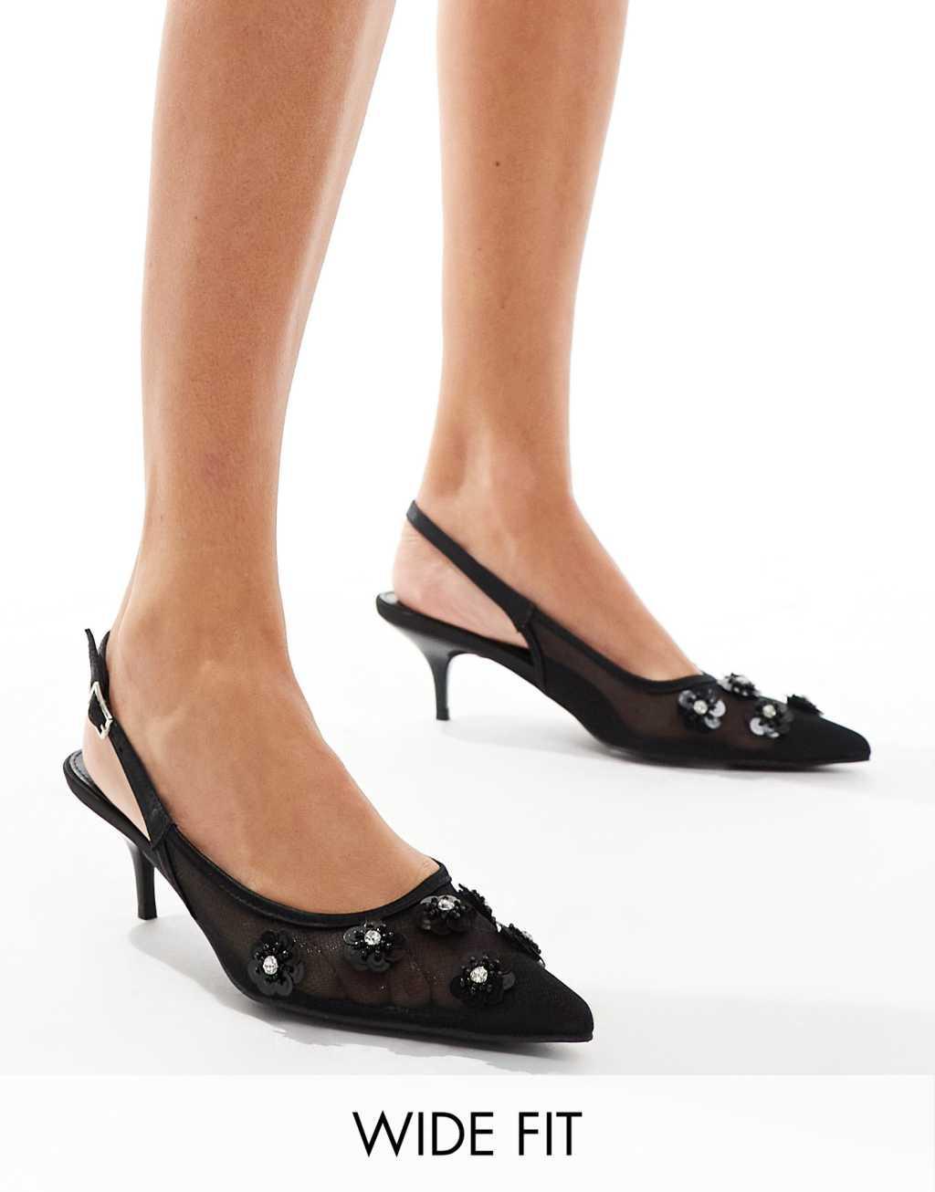 Public Desire Kyle Wide Fit sling back pointed kitten heels with 3D embellished flowers in black Product Image