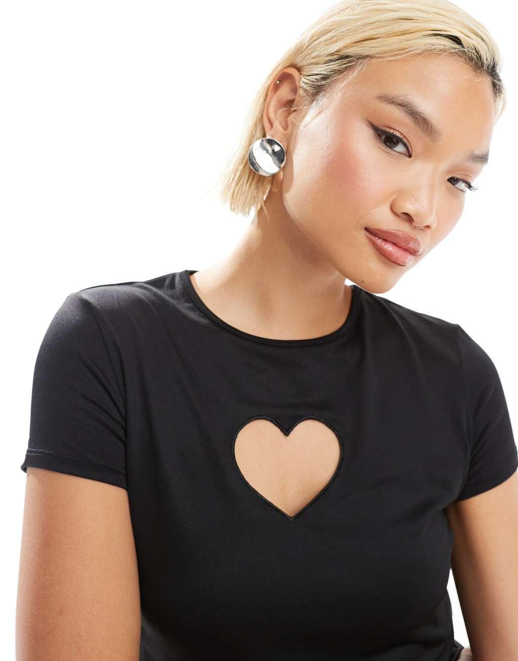 Monki short sleeve cut out heart mini top in black Product Image