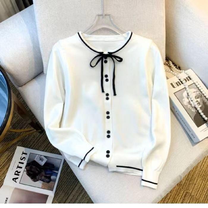 Crew Neck Contrast Trim Tie Front Button-Up Cardigan Product Image