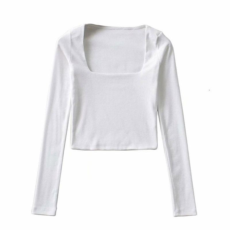 Long-Sleeve Square Neck Plain Cropped T-Shirt Product Image