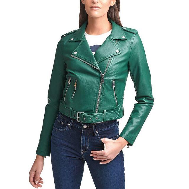 Womens Levis Belted Faux Leather Motorcycle Jacket Green Product Image