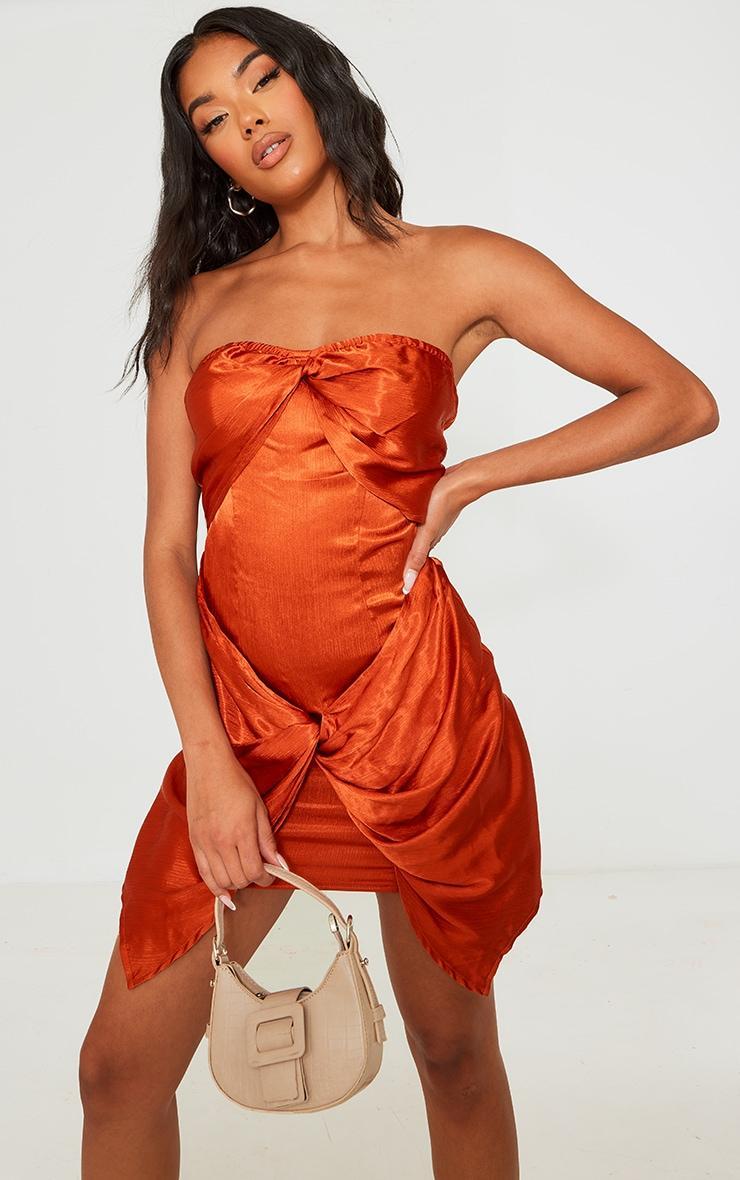 Rust Textured Satin Twist Detail Bandeau Bodycon Dress Product Image