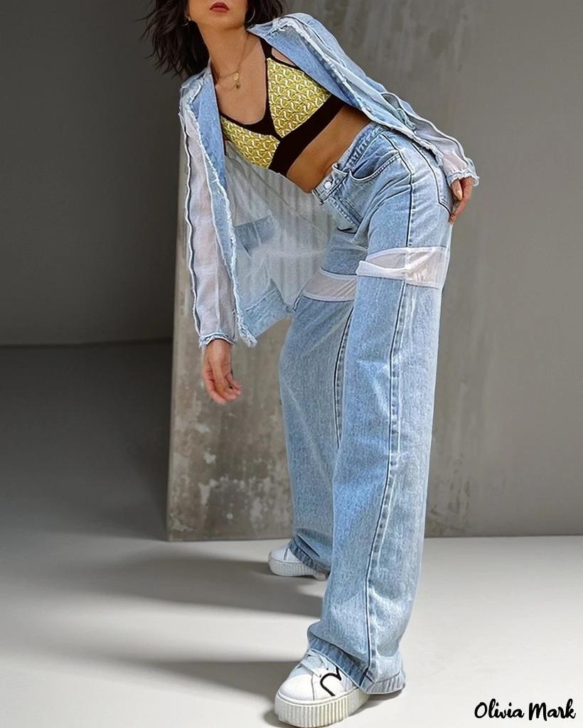 Olivia Mark – Stylish Casual Pants: High-Waisted Wide-Leg Denim Jeans with Mesh Patchwork and Distressed Blue Wash Product Image