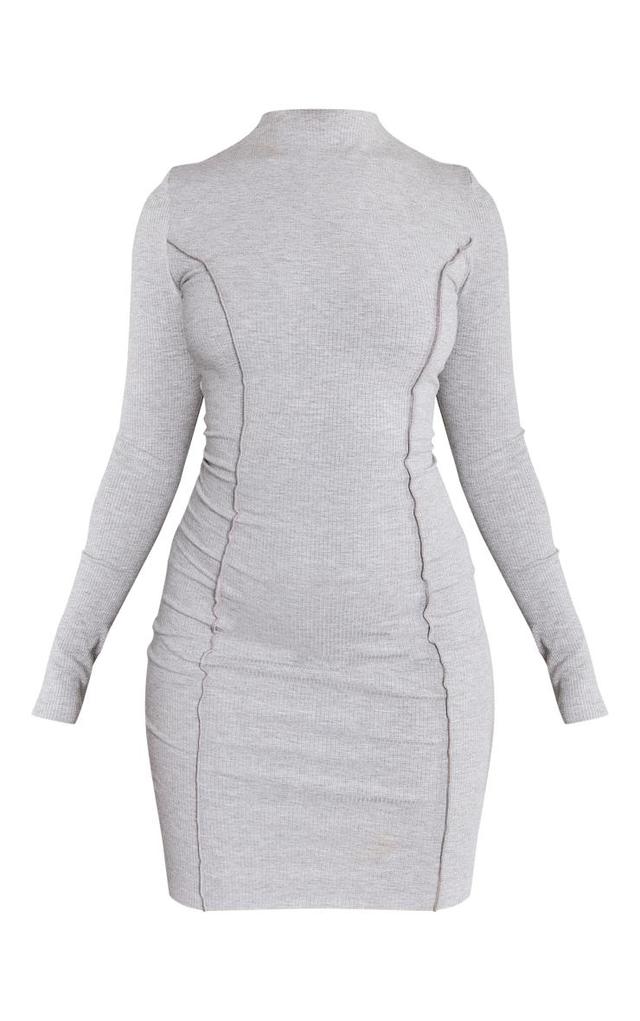 Grey Ribbed Long Sleeve Seam Detail Bodycon Dress Product Image