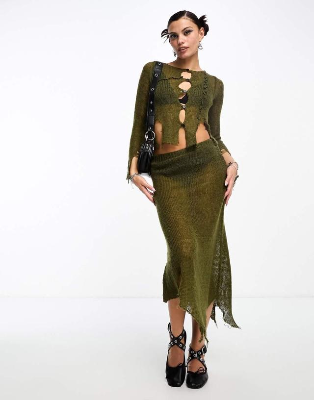 COLLUSION open stitch knitted midi skirt with asymmetric hem Product Image