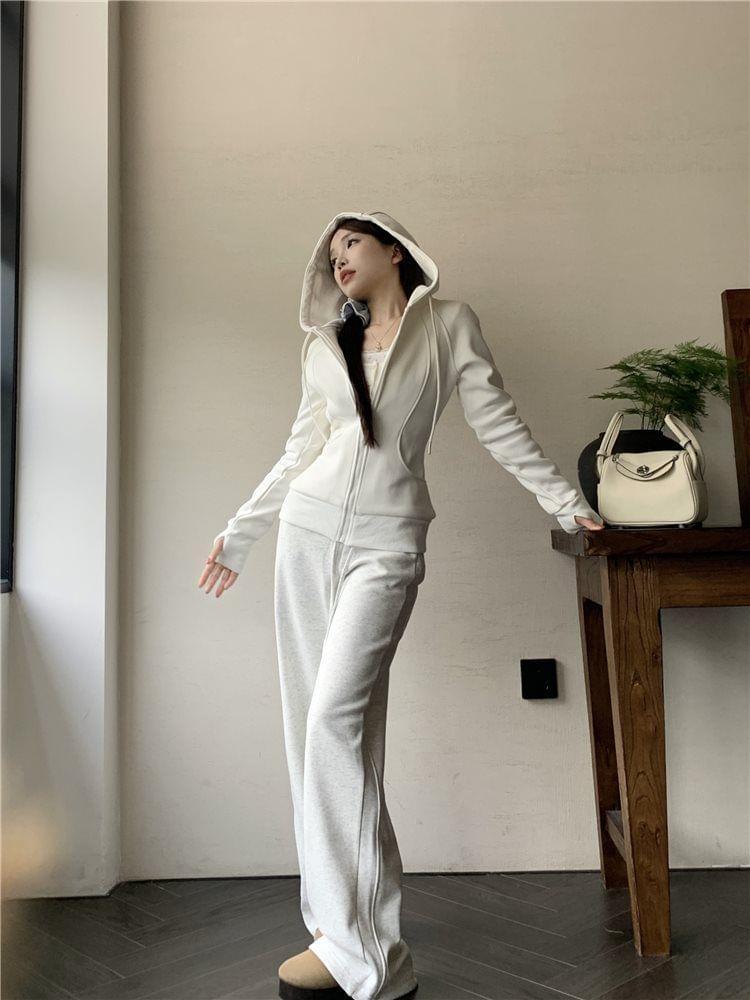 Plain Zip-Up Hoodie / Drawstring Waist Wide Leg Sweatpants Product Image