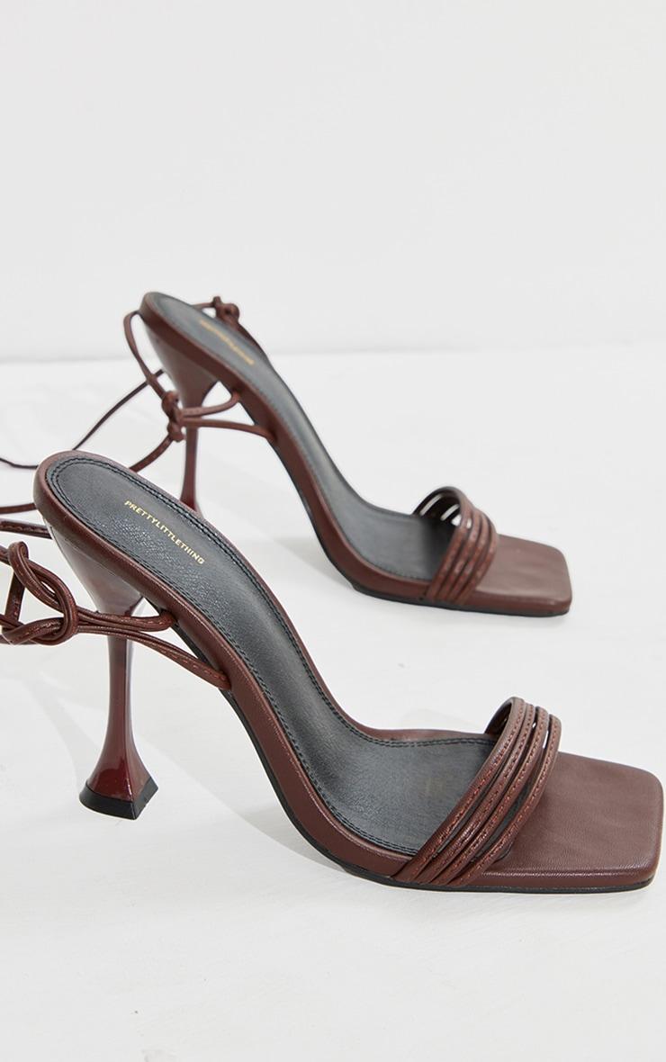 Chocolate Pu Square Toe Triple Strap Lace Up Mid Heeled Sandals Product Image