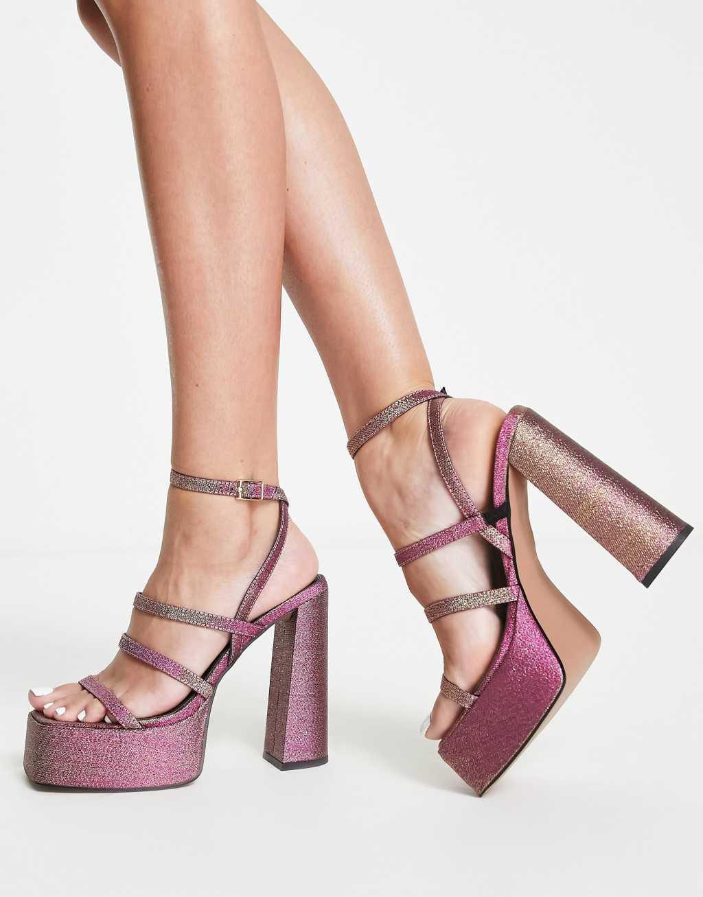 ASOS DESIGN Nighty triple strap platform heeled sandals in gold and pink shimmer  Product Image