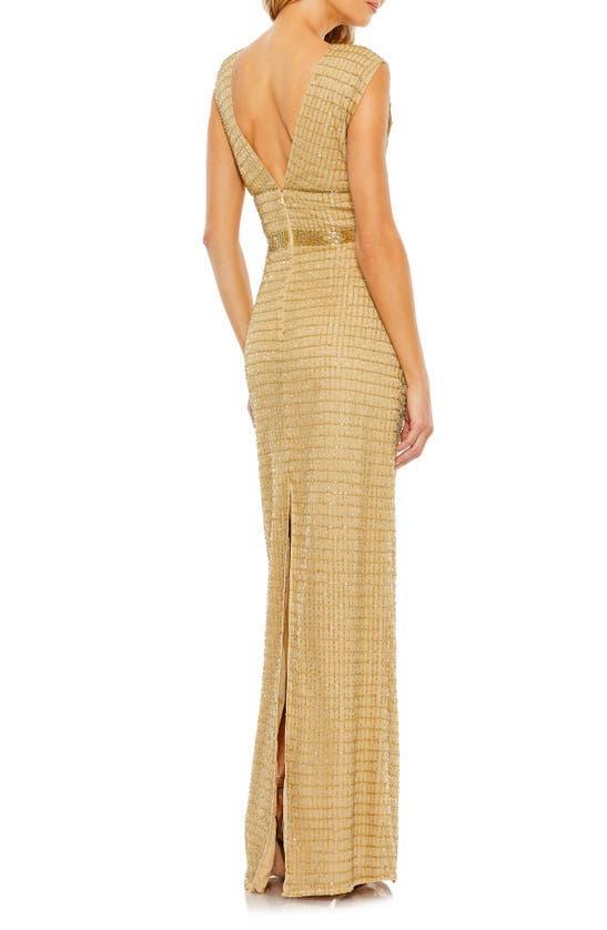 Beaded Cap Sleeve V Neck Column Gown In Gold Product Image