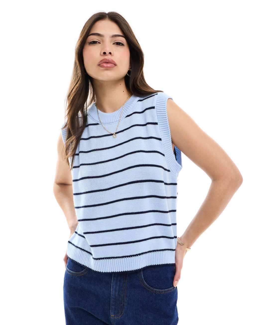 ASOS DESIGN knit crew neck tank top in blue stripe Product Image