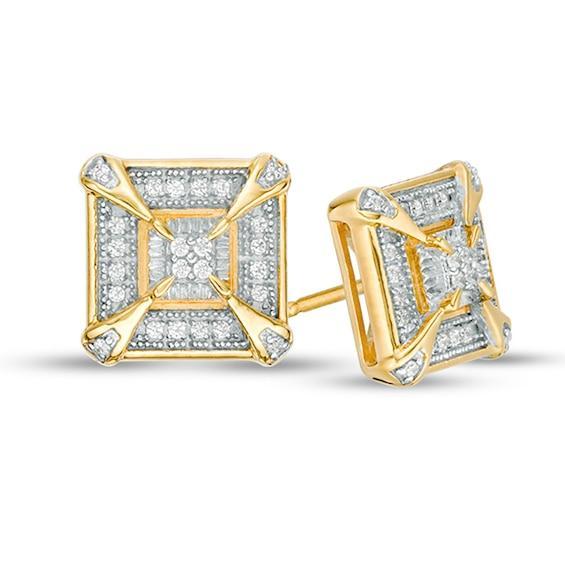 Men's 1/8 CT. T.w. Quad Diamond Vintage-Style Frame Stud Earrings in Sterling Silver with 14K Gold Plate Product Image