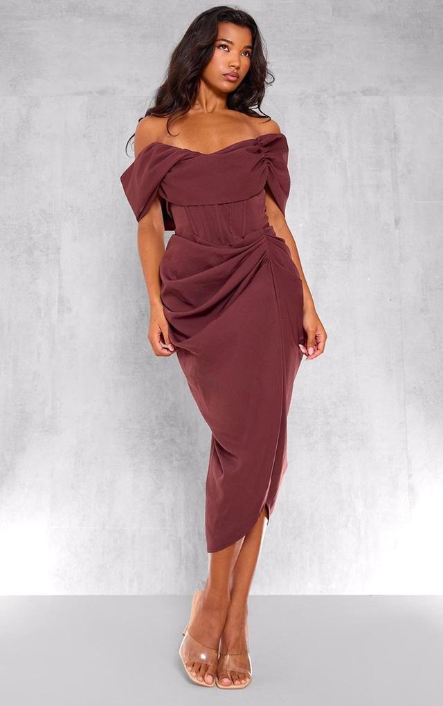 Chocolate Corset Bardot Draped Midi Dress Product Image