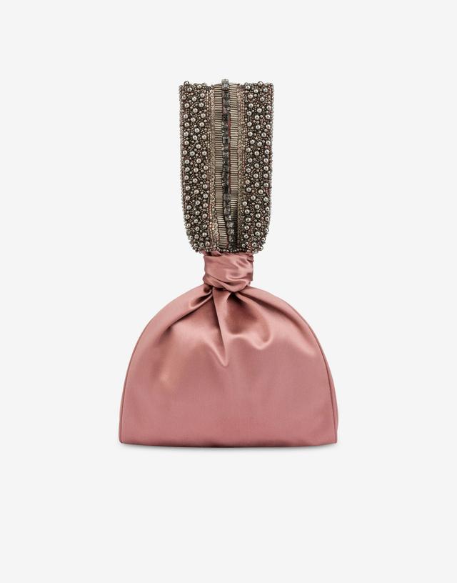 Satin bucket bag with beads and strass embellishments Product Image