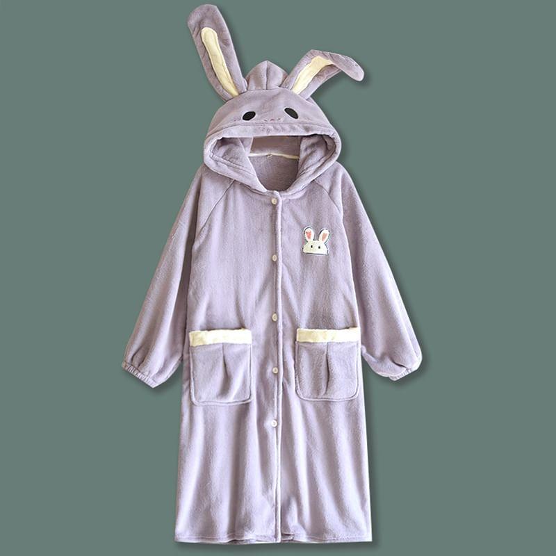 Rabbit Patterned Hood Coral Fleece Button Robe Product Image