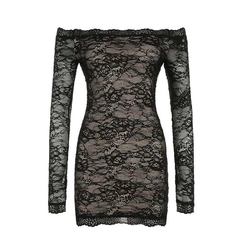 Long Sleeve Off-Shoulder Lace Slim-Fit Mini Bodycon Dress Product Image