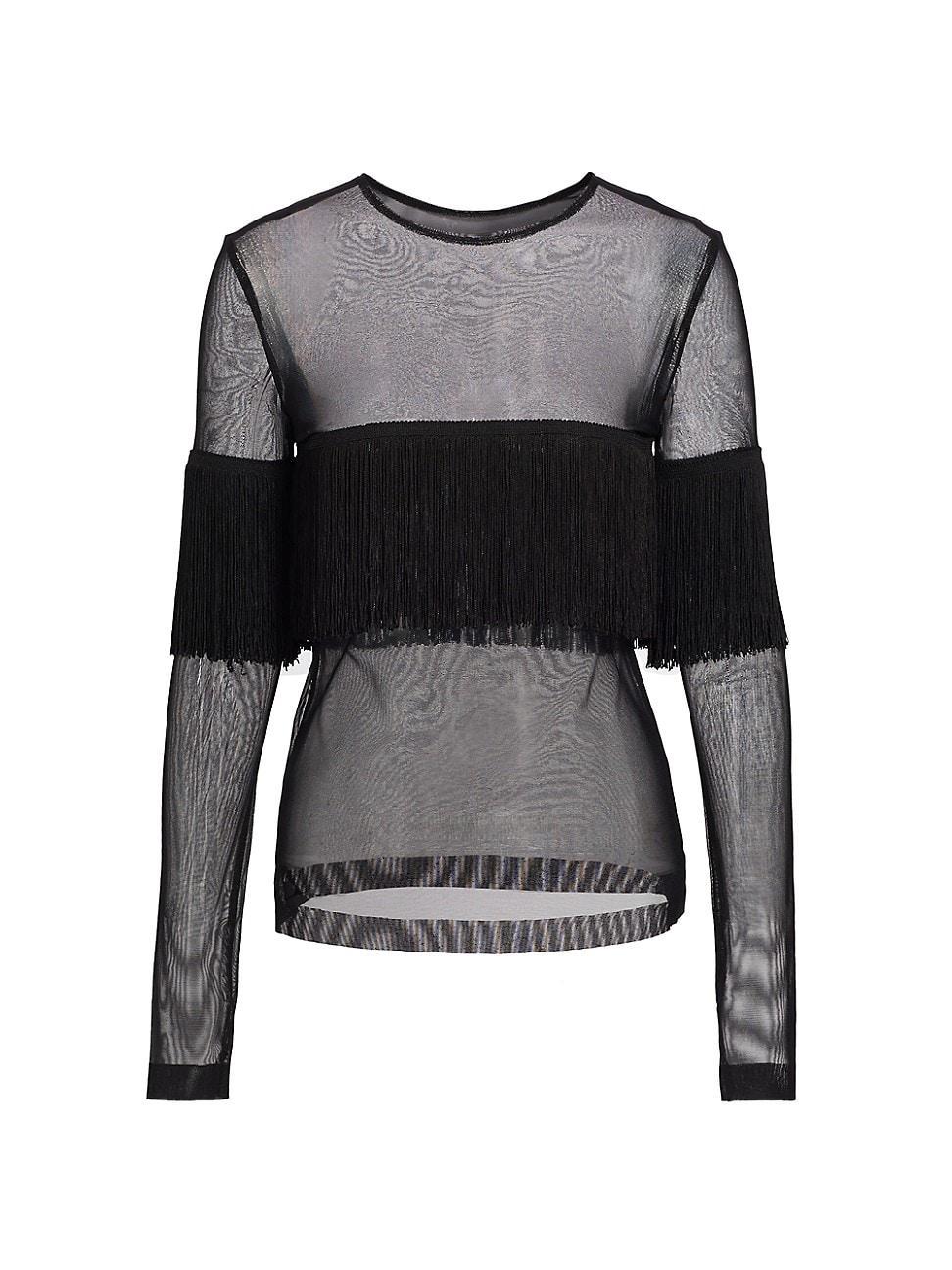 Womens Long-Sleeve Crewneck Fringe Top Product Image