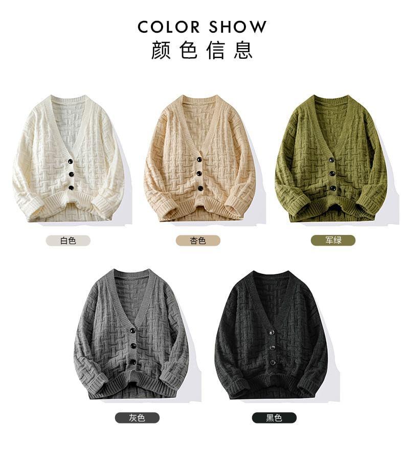 V-Neck Plain Jacquard Button-Up Cardigan Product Image