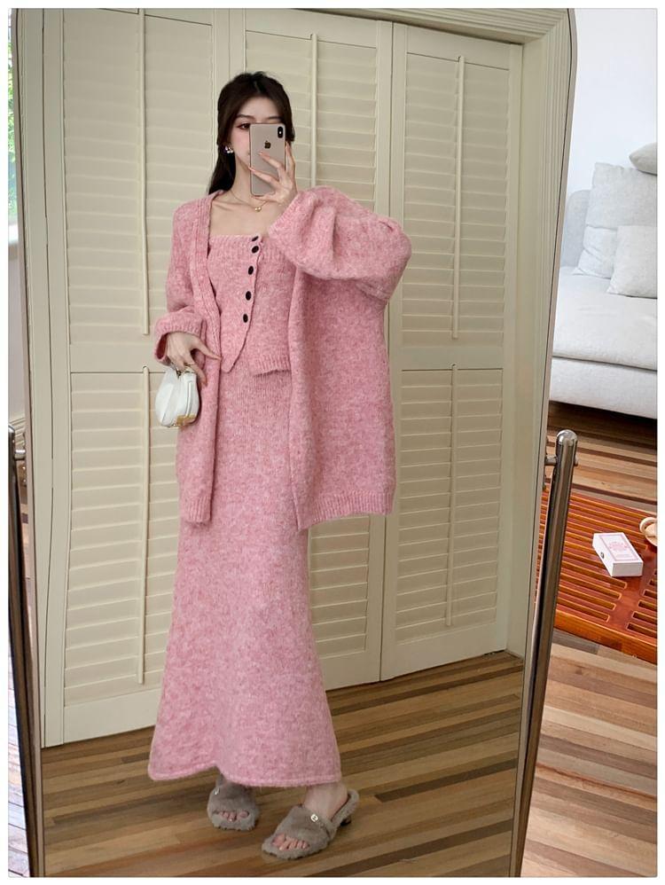 Set: Plain Button Knit Tube Top + Open Front Cardigan + High Waist Maxi Pencil Skirt Product Image