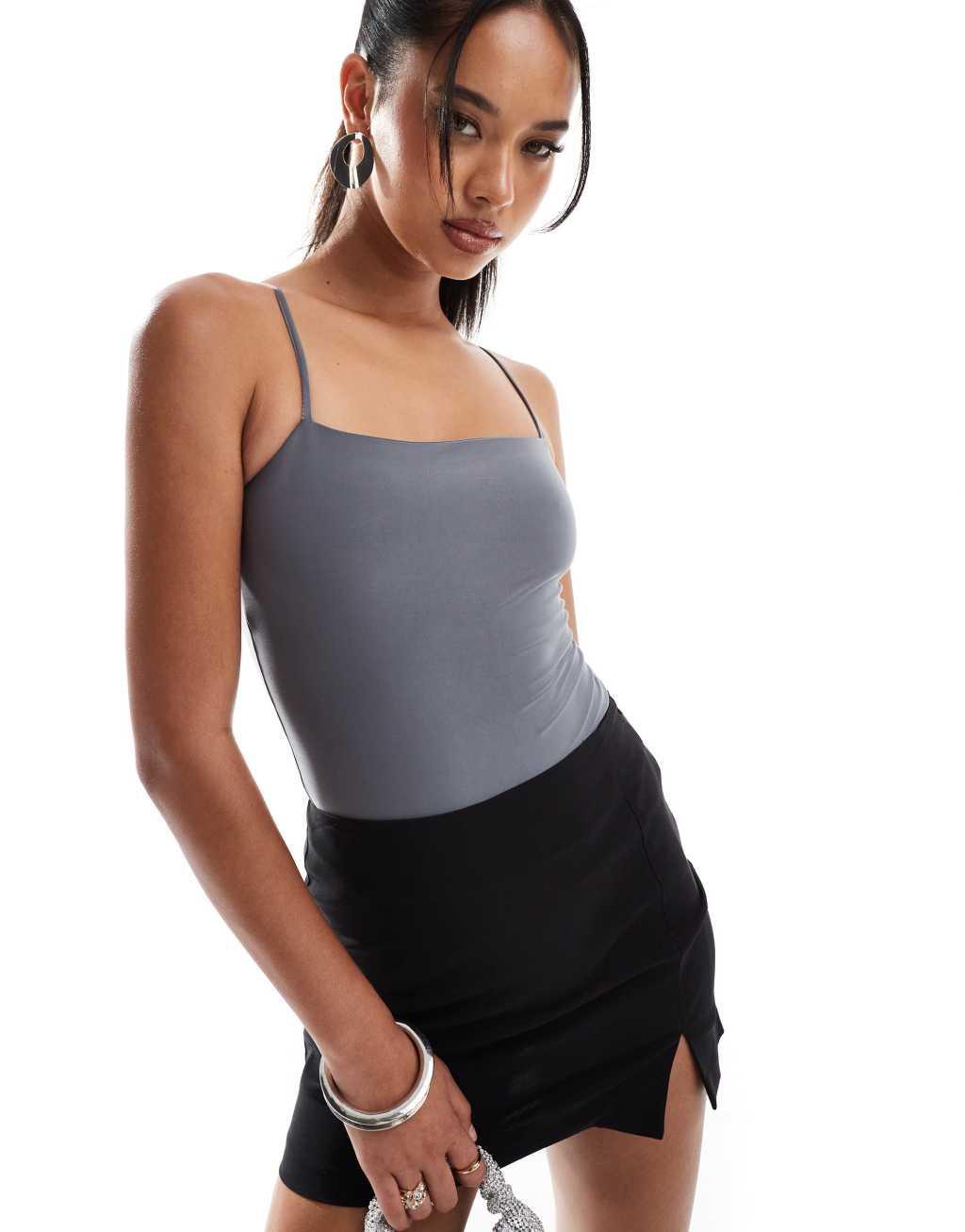 ASOS DESIGN double layer slinky cami bodysuit in gray Product Image