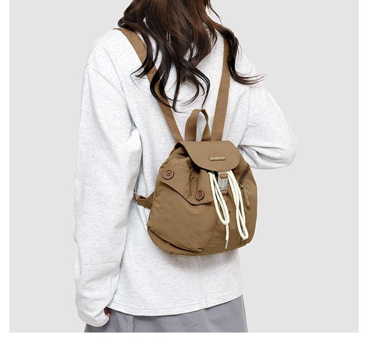 Plain Flap Drawstring Buckle Nylon Backpack Product Image