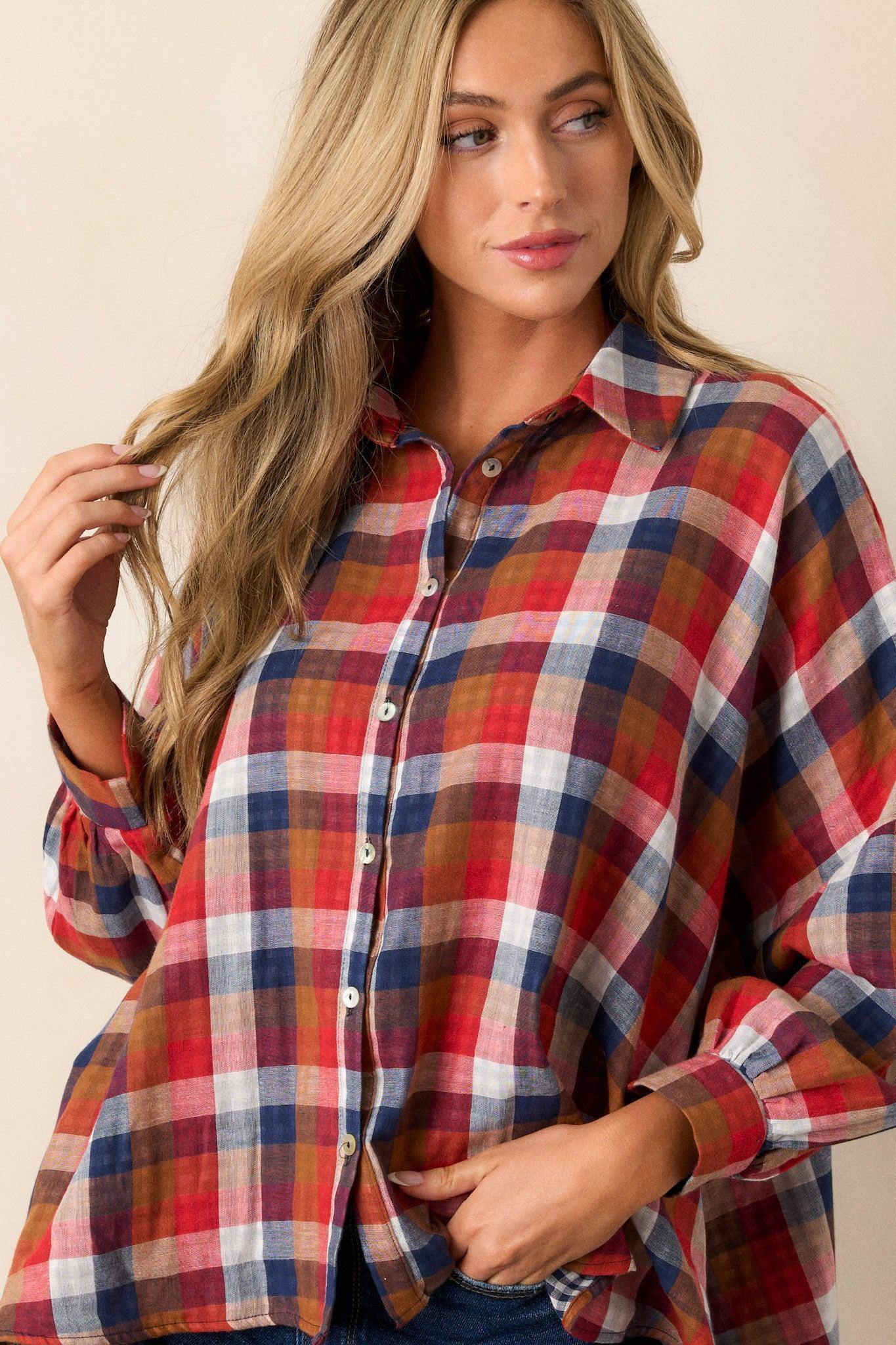 Doesn't Add Up Red Multi Plaid Top Product Image