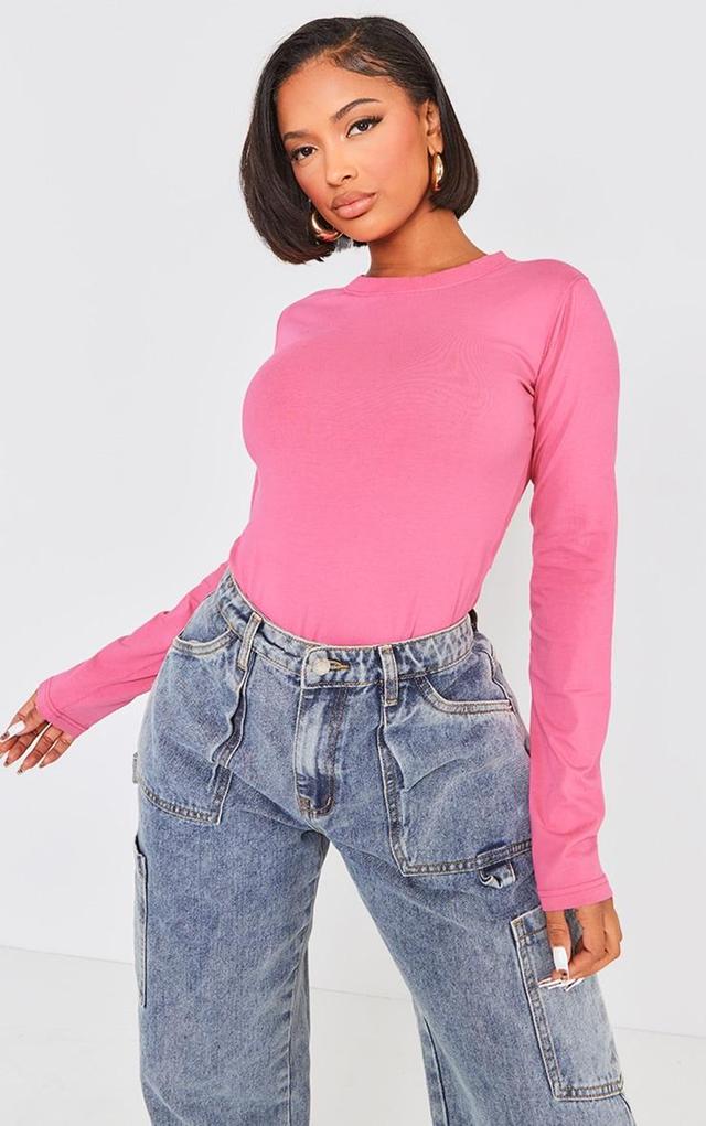 Shape Hot Pink Washed Cotton Long Sleeve Crew Neck Bodysuit Product Image