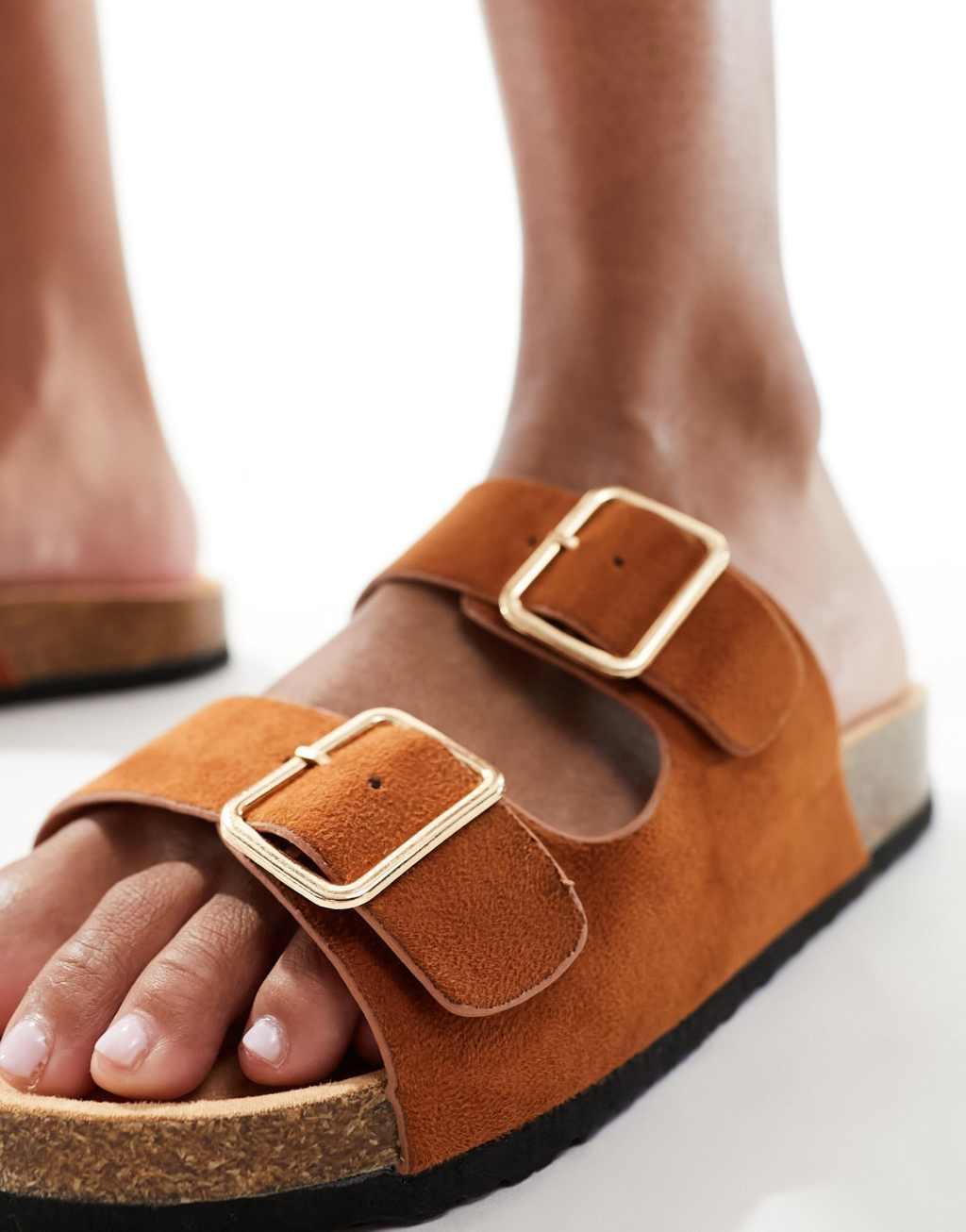 Glamorous double strap footbed sandals in tan Product Image