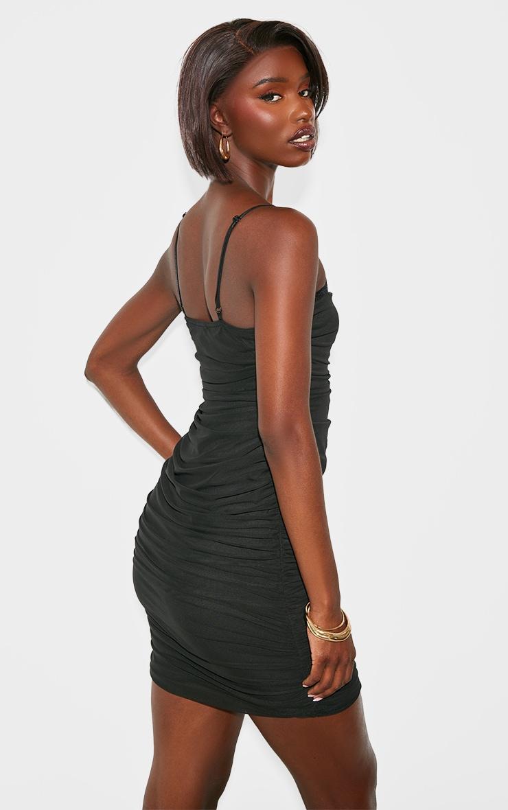 Tall Black Ruched Mesh Mini Dress Product Image