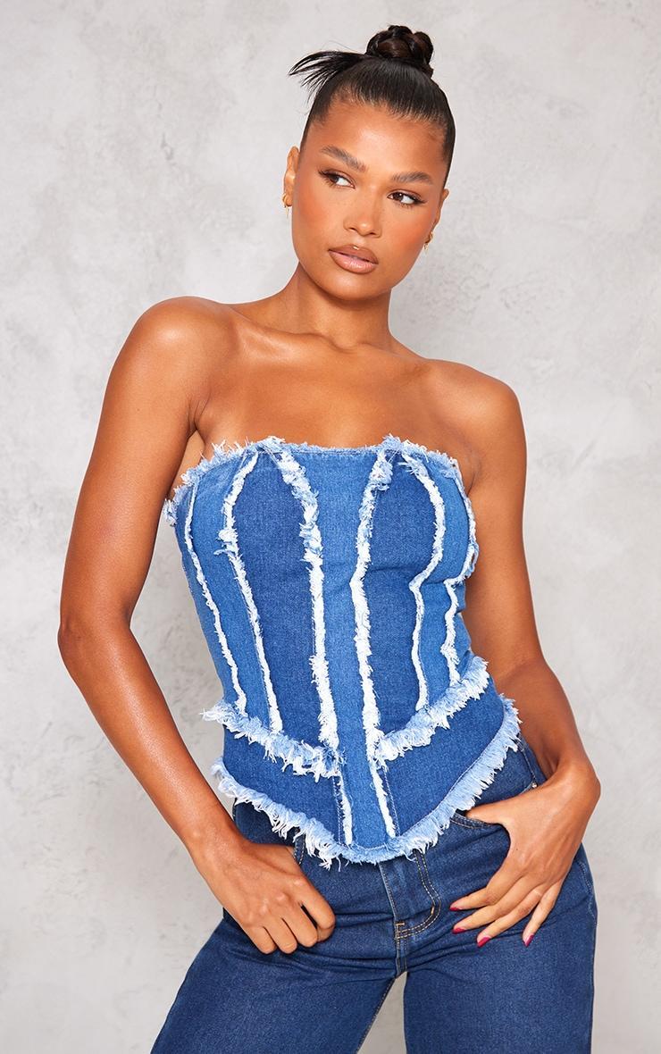 Mid Blue Wash Distressed Seam Detail Paneled Dipped Corset product image