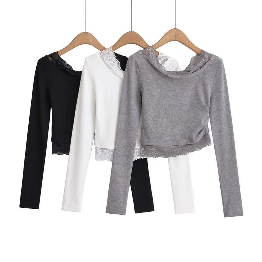 Long-Sleeve Cowl Neck Plain Lace Trim Tee Product Image