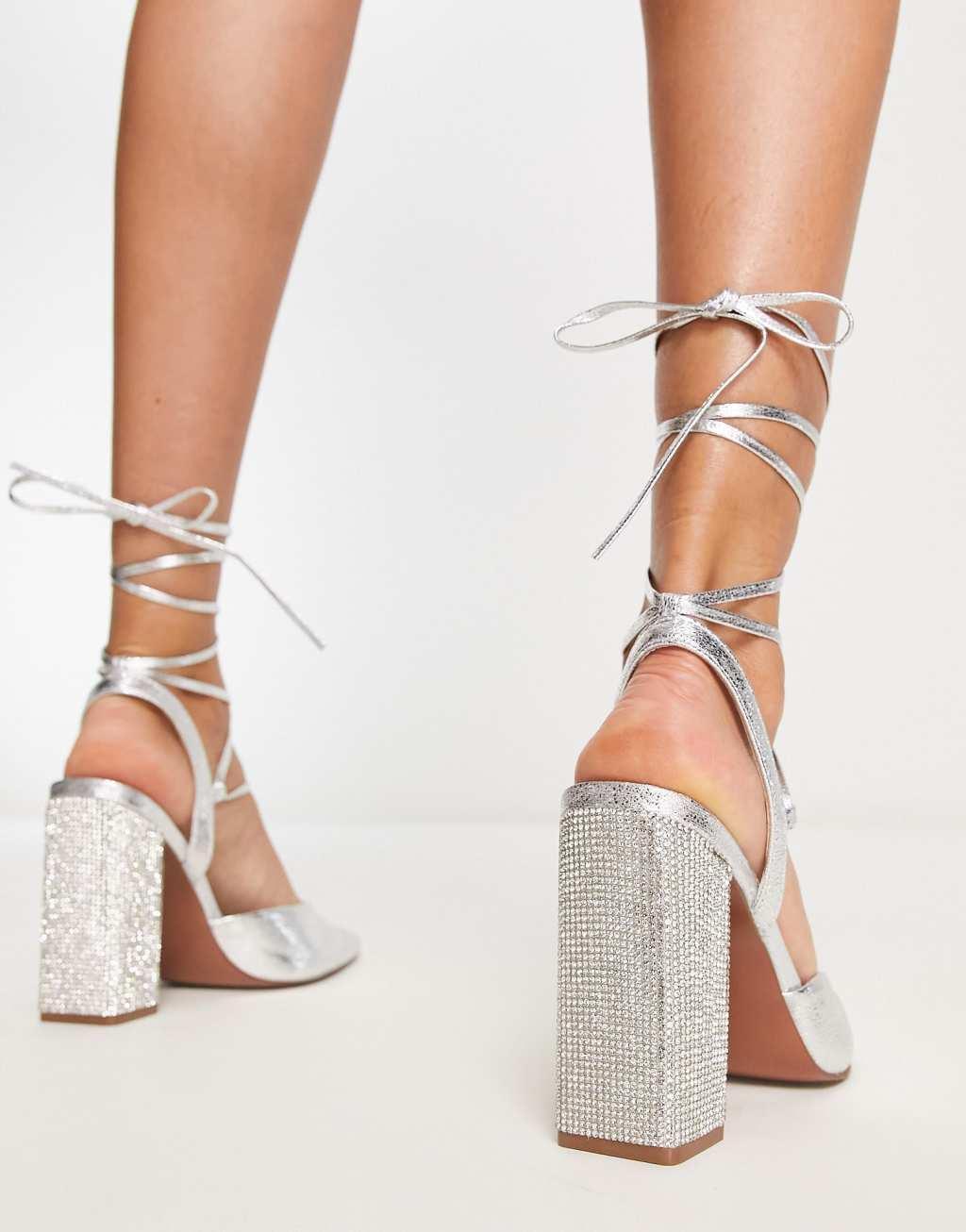 ASOS DESIGN Panda embellished tie leg block heeled shoes in silver Product Image