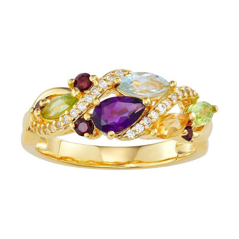 14K Yellow Gold over Sterling Silver Multi Gemstone & Lab-Created White Sapphire Ring, Womens Red Product Image