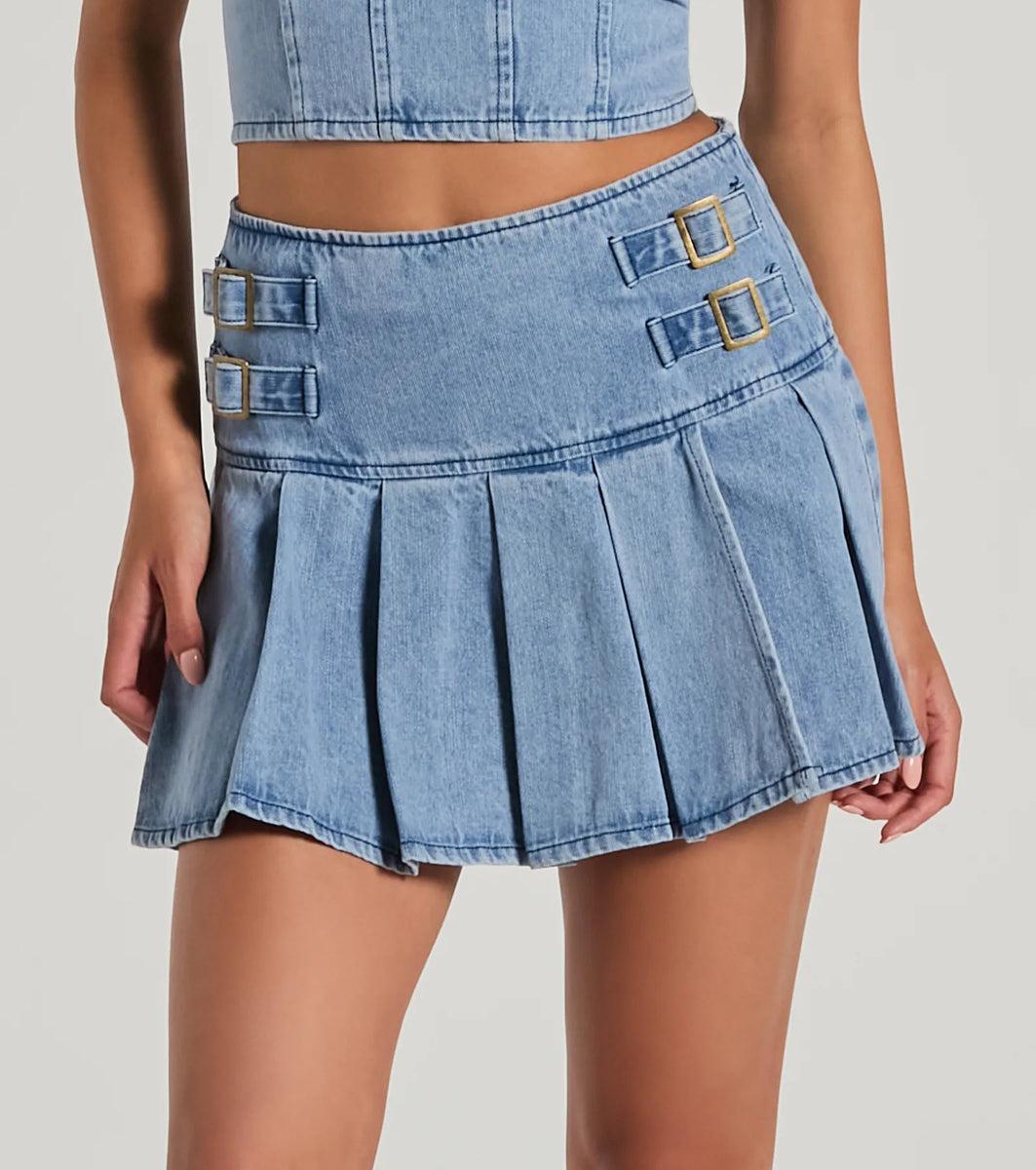 Flirty Duo High-Rise Buckle Pleated Denim Mini Skirt Product Image