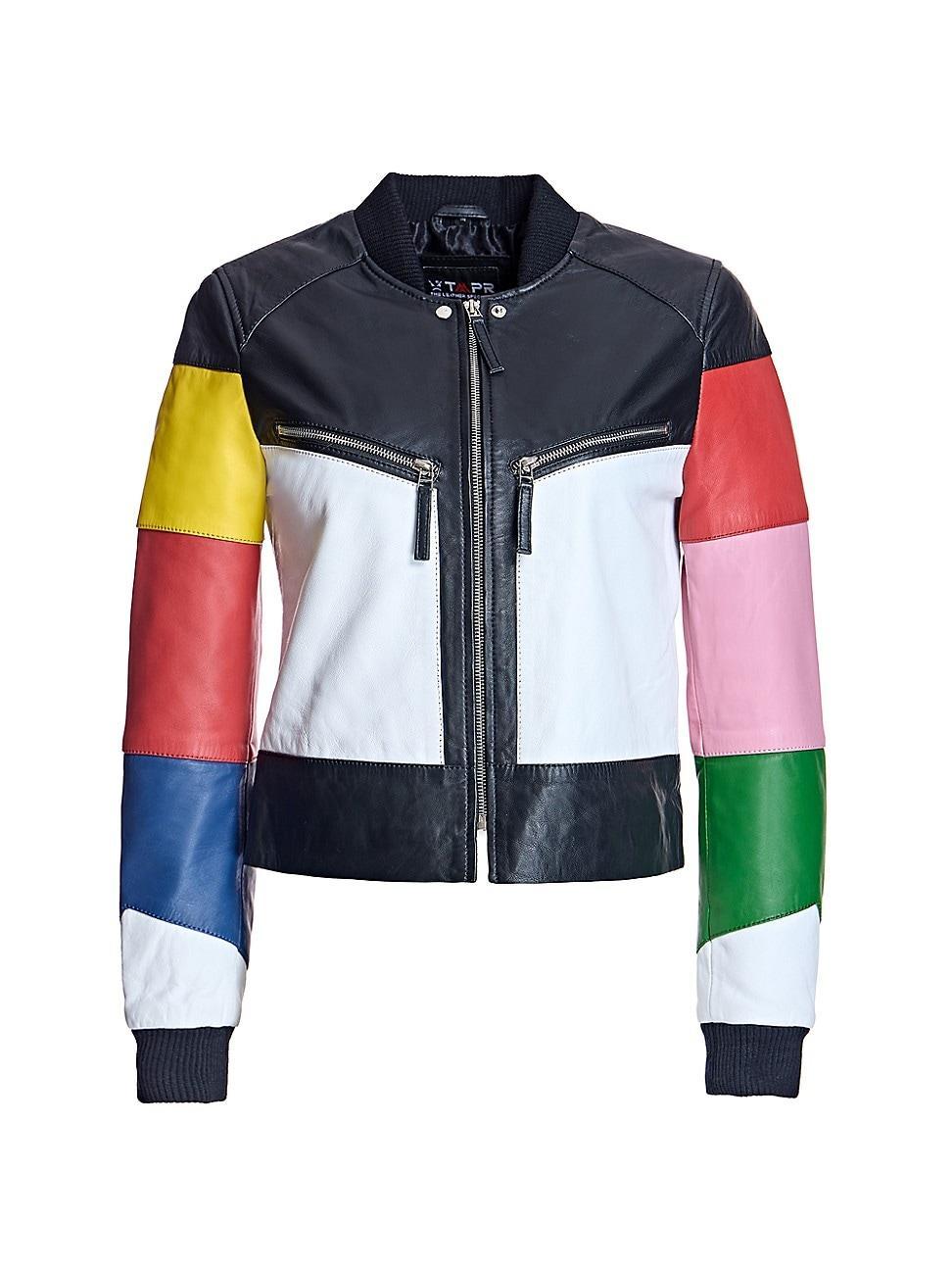 Womens Multicolor Stripe Leather Racing Jacket Product Image