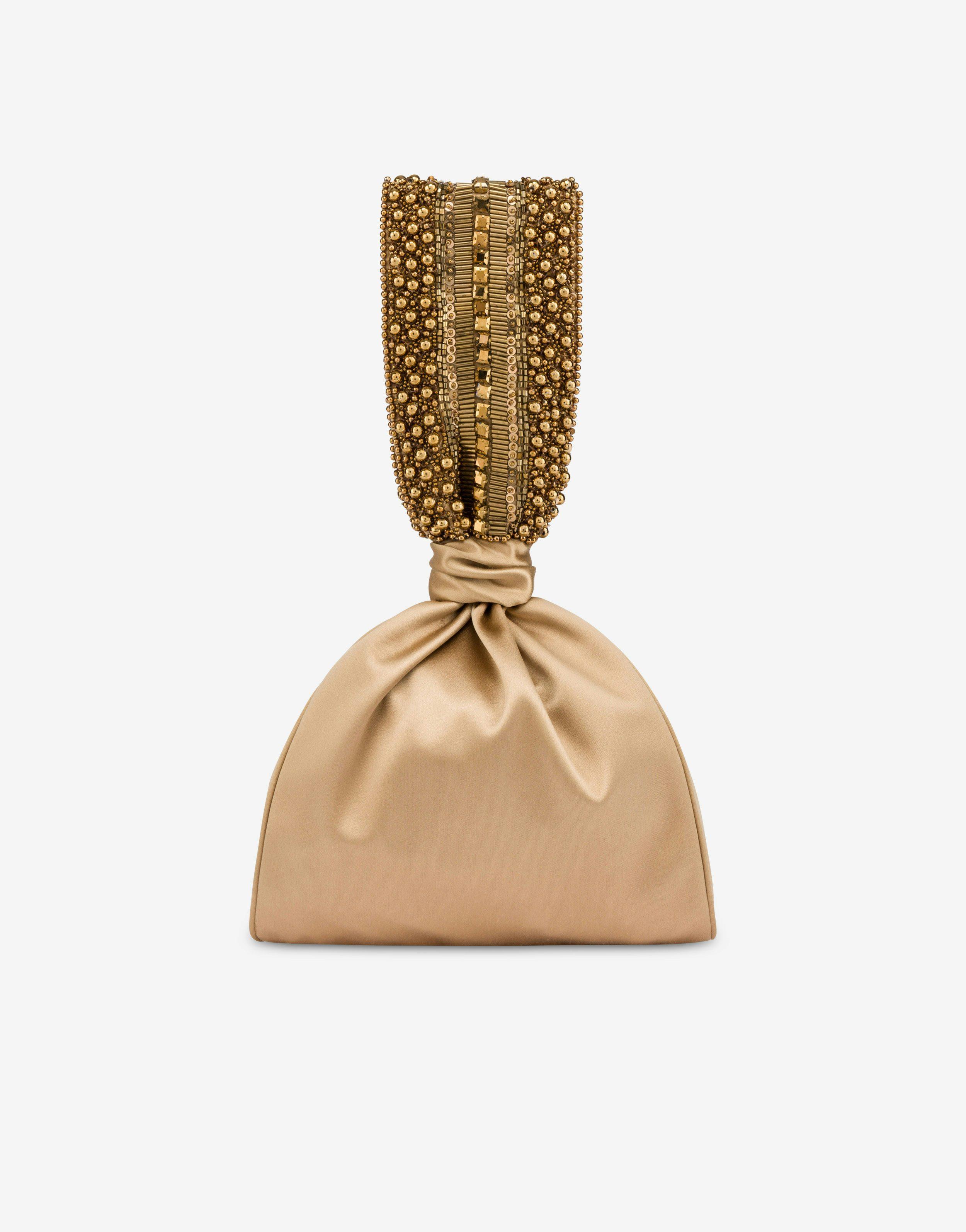 Satin bucket bag with beads and strass embellishments Product Image